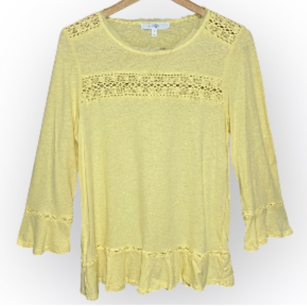 Butter Yellow Linen and Cotton Blend Lacey Blouse